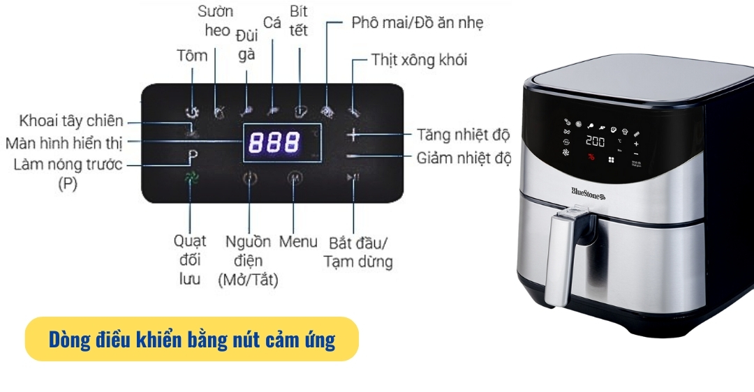 hướng dẫn sử dụng nồi chiên không dầu Bluestone dòng điều khiển bằng nút cảm ứng