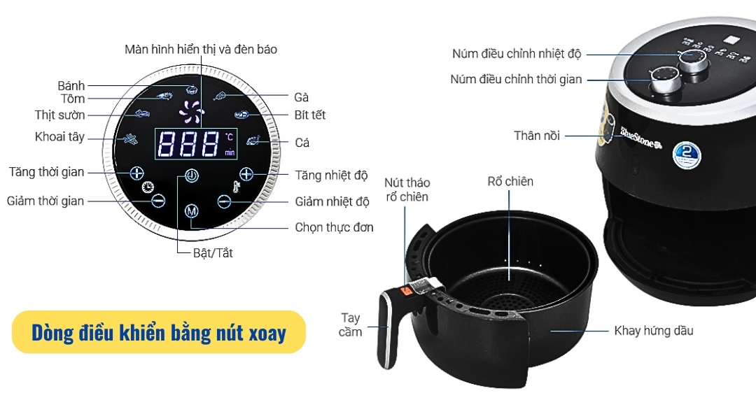 hướng dẫn sử dụng nồi chiên không dầu Bluestone Dòng điều khiển bằng nút xoay